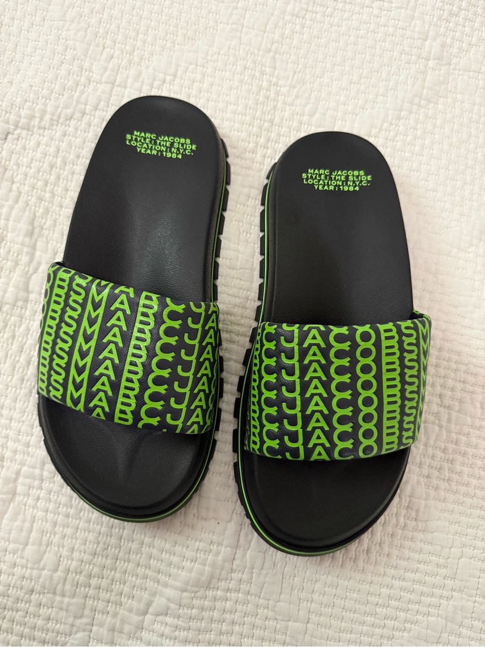 Marc Jacobs women Black & Neon Green “The Slide” Sandals
